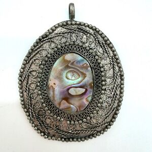 Vintage Ethnic Abalone Shell Statement Pendant Silver Tone Large Boho